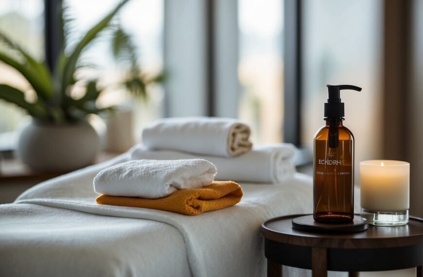 Can You Wear Makeup After Microneedling: A serene spa room with a comfortable treatment chair, a professional microneedling device, and a shelf of skincare products