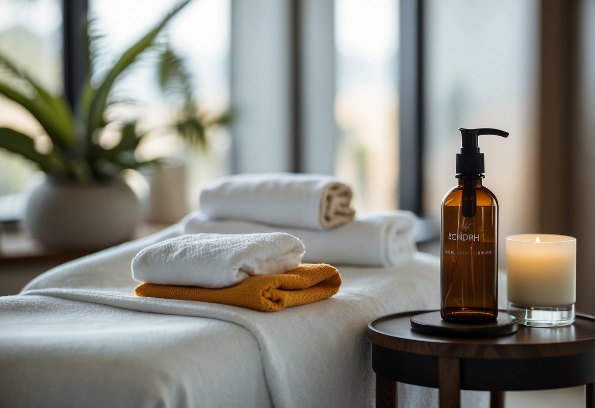 Can You Wear Makeup After Microneedling: A serene spa room with a comfortable treatment chair, a professional microneedling device, and a shelf of skincare products