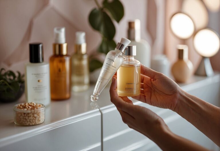 Can You Wear Makeup After a Chemical Peel: A woman's hand reaching for a bottle of chemical peel solution, surrounded by various skincare products and a mirror