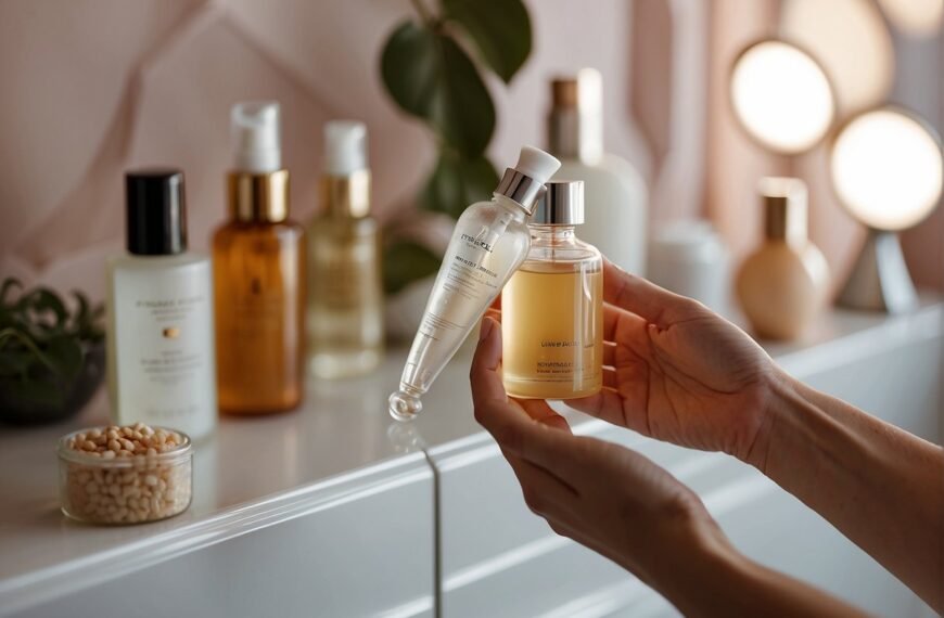Can You Wear Makeup After a Chemical Peel: A woman's hand reaching for a bottle of chemical peel solution, surrounded by various skincare products and a mirror