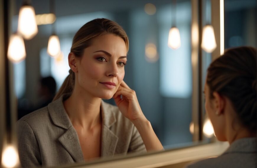 Can You Wear Makeup After a Facial: A woman with radiant skin examines her reflection, pondering whether to apply makeup after a facial. Her skin glows with a healthy, natural sheen