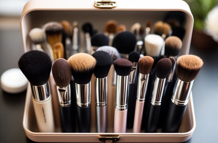 How Long Do Makeup Brushes Last: A well-maintained makeup brush collection sits neatly in a clean, organized container, with each brush carefully arranged and free from any visible wear or damage
