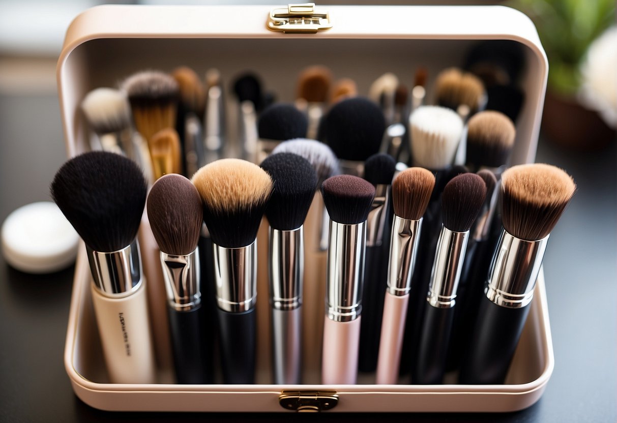 How Long Do Makeup Brushes Last: A well-maintained makeup brush collection sits neatly in a clean, organized container, with each brush carefully arranged and free from any visible wear or damage
