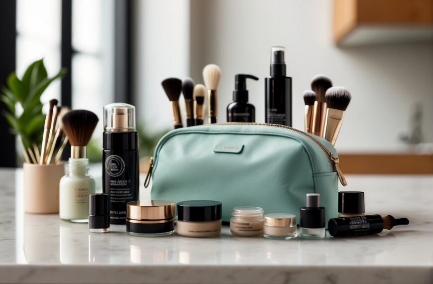 How to Clean Makeup Bag: A clean, organized makeup bag sits on a countertop. Brushes and products are neatly arranged, with a disinfectant spray nearby