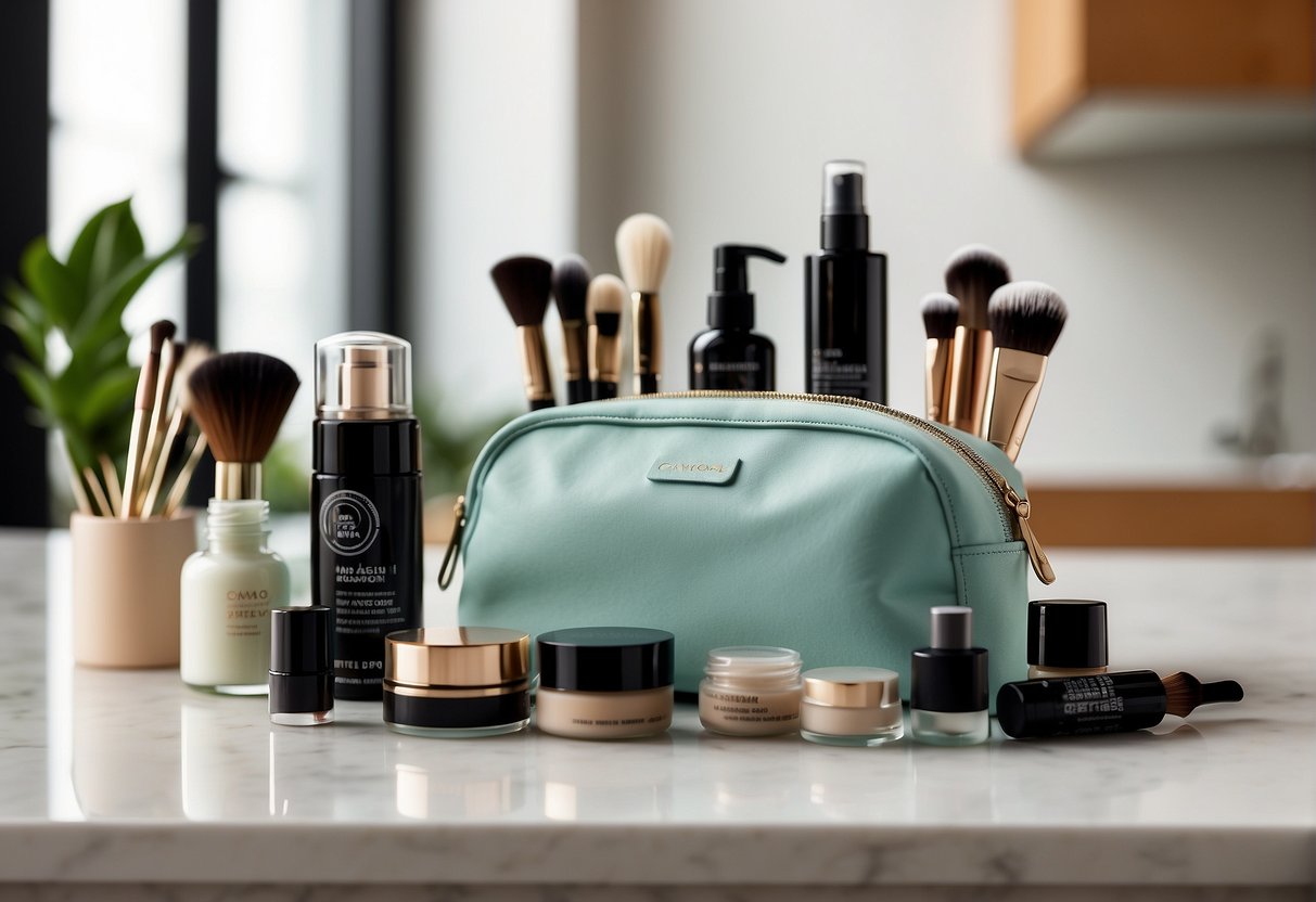 How to Clean Makeup Bag: A clean, organized makeup bag sits on a countertop. Brushes and products are neatly arranged, with a disinfectant spray nearby