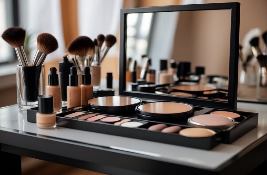 How to Cover Dark Spots With Makeup: A table with various makeup products, including concealer and foundation, next to a mirror. A diagram showing the steps to cover dark spots with makeup