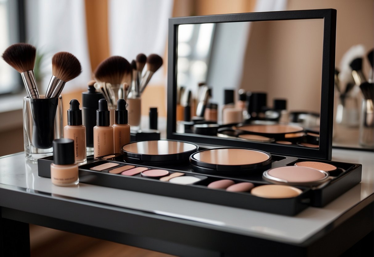 How to Cover Dark Spots With Makeup: A table with various makeup products, including concealer and foundation, next to a mirror. A diagram showing the steps to cover dark spots with makeup