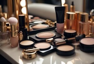 A cluttered makeup table with various cosmetic products, a smartphone displaying a Douyin makeup tutorial, and a mirror for the viewer's reflection