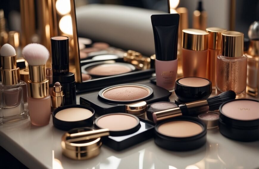 A cluttered makeup table with various cosmetic products, a smartphone displaying a Douyin makeup tutorial, and a mirror for the viewer's reflection