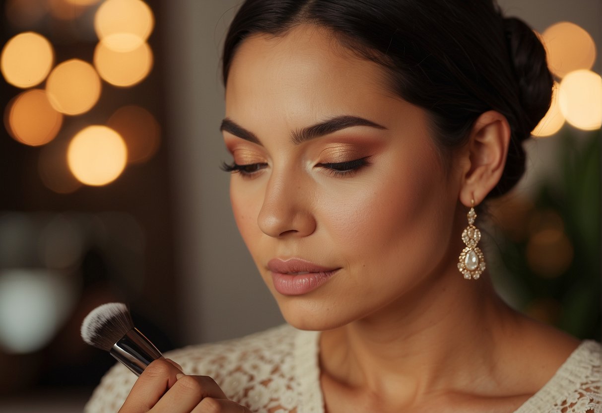 How to Do Latina Makeup: A Latina woman with warm skin tone applies makeup, considering her texture. Warm colors enhance her features, while she embraces her natural beauty