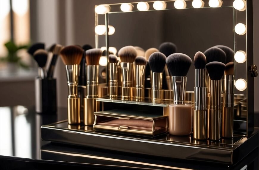 How to Do Makeup for Photo Shoot: Makeup brushes, foundation, eyeshadow palette, and lipstick arranged on a clean, well-lit vanity. Mirror reflects soft, natural lighting