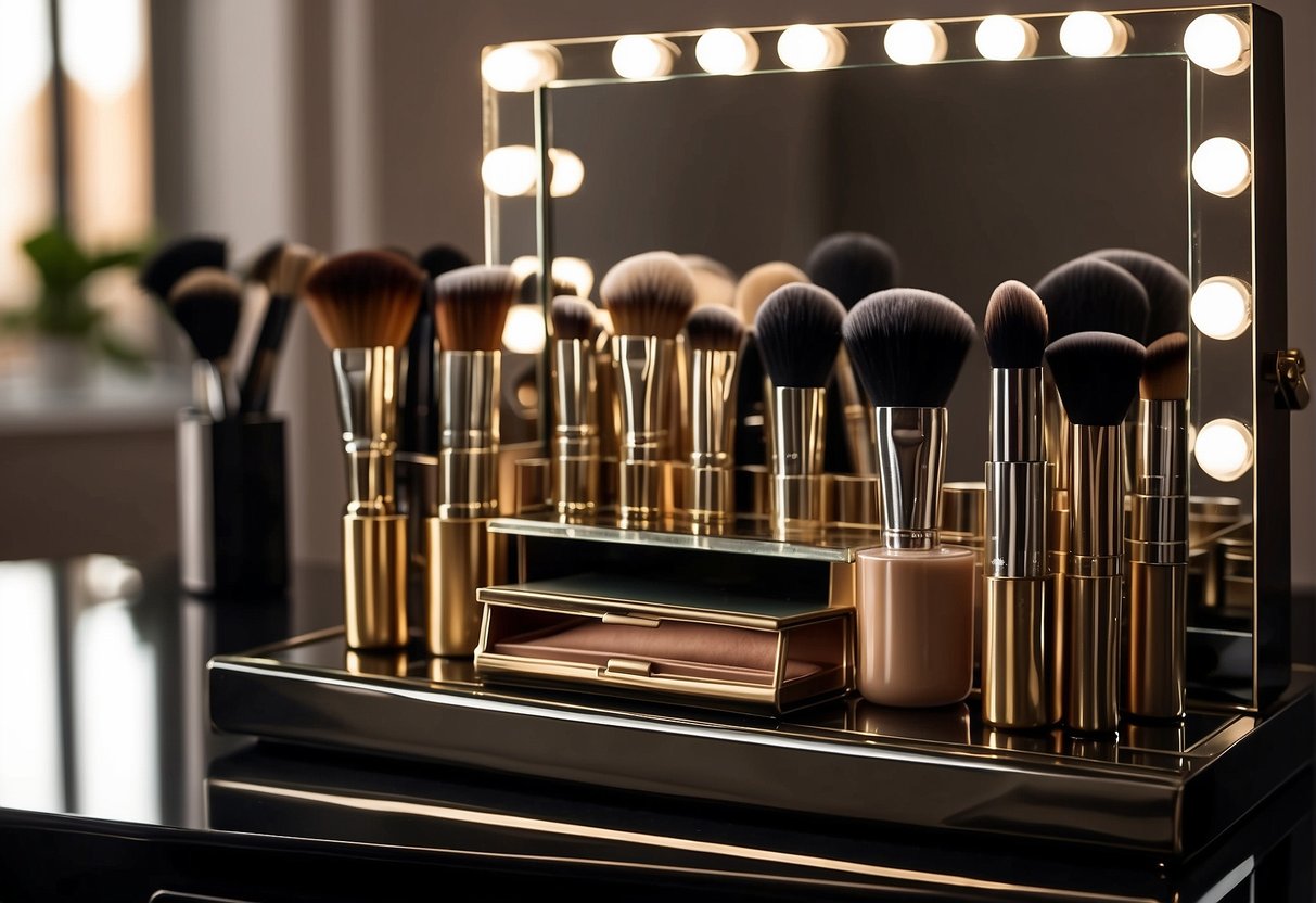 How to Do Makeup for Photo Shoot: Makeup brushes, foundation, eyeshadow palette, and lipstick arranged on a clean, well-lit vanity. Mirror reflects soft, natural lighting