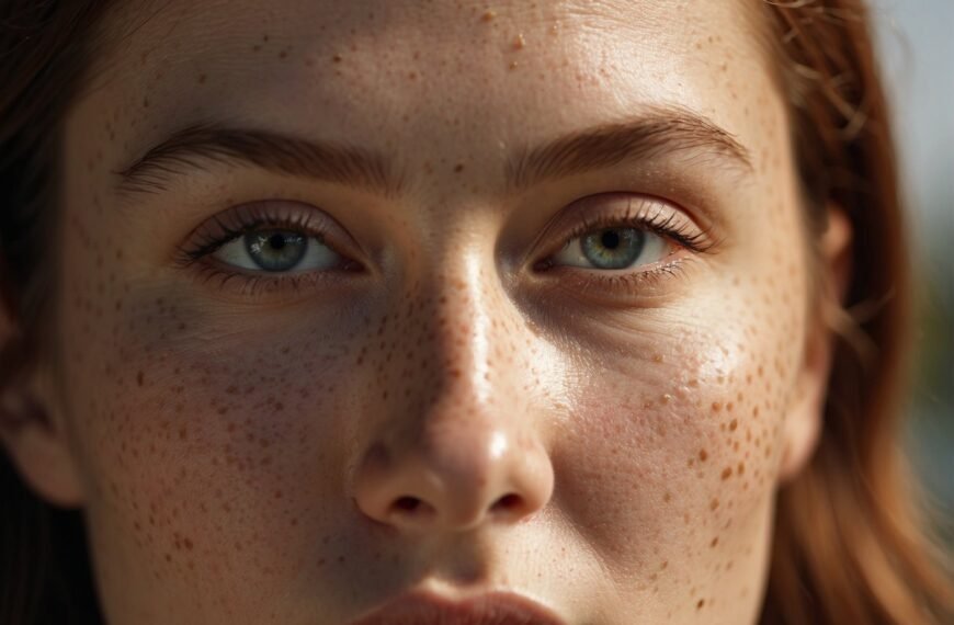How to Do Makeup with Freckles: A freckled face with natural light, applying makeup to enhance the skin's natural beauty