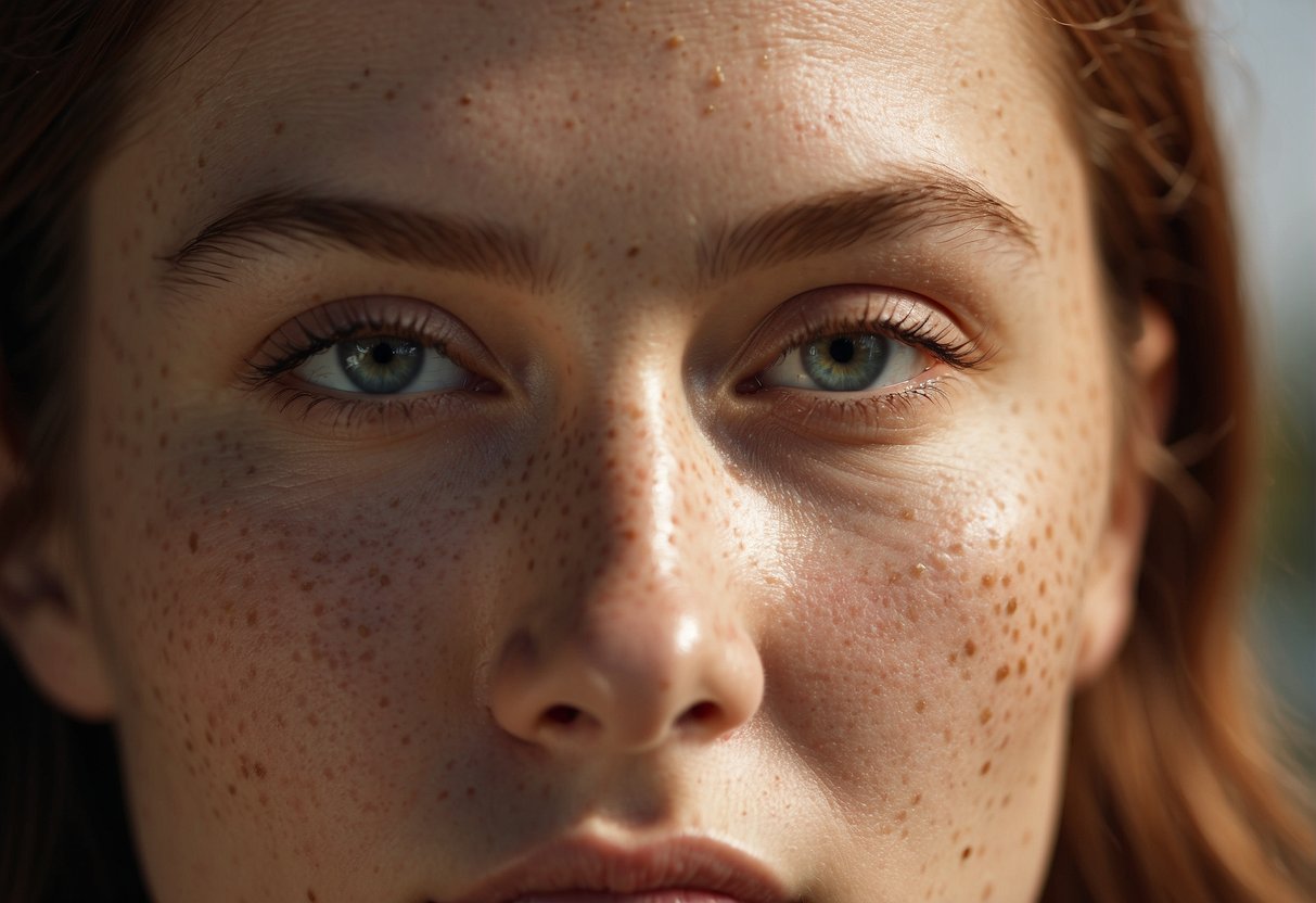 How to Do Makeup with Freckles: A freckled face with natural light, applying makeup to enhance the skin's natural beauty