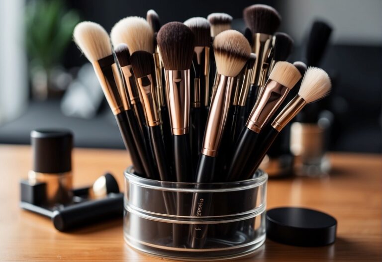 How to Dry Makeup Brushes Fast: Makeup brushes hanging on a rack, air blowing on them, or brushes laid flat on a towel under a fan