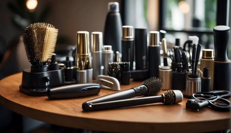 How to Get Salon Hair at Home: A table with hair styling tools: blow dryer, flat iron, curling wand, brushes, clips, and hair products neatly arranged