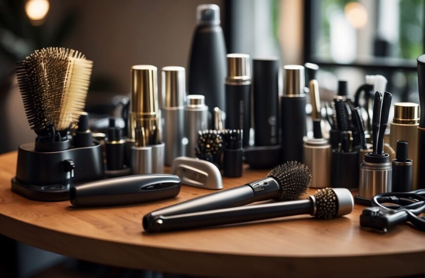 How to Get Salon Hair at Home: A table with hair styling tools: blow dryer, flat iron, curling wand, brushes, clips, and hair products neatly arranged
