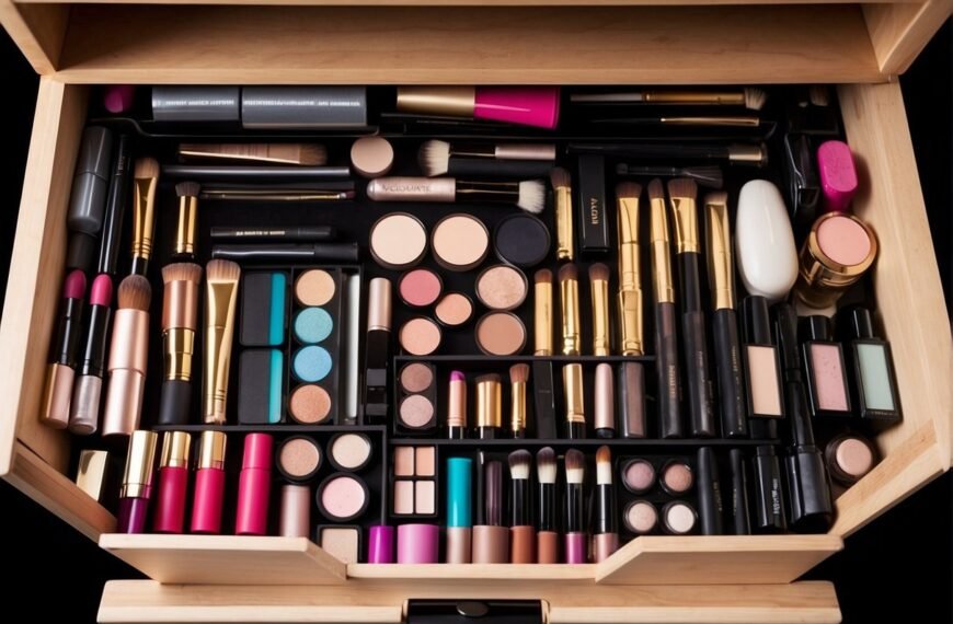 How to Organize Makeup Drawer: Various makeup products neatly arranged in a drawer with dividers. Lipsticks, eyeliners, and brushes are categorized and organized for easy access