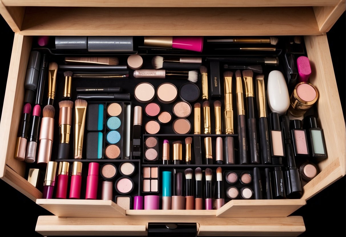 How to Organize Makeup Drawer: Various makeup products neatly arranged in a drawer with dividers. Lipsticks, eyeliners, and brushes are categorized and organized for easy access