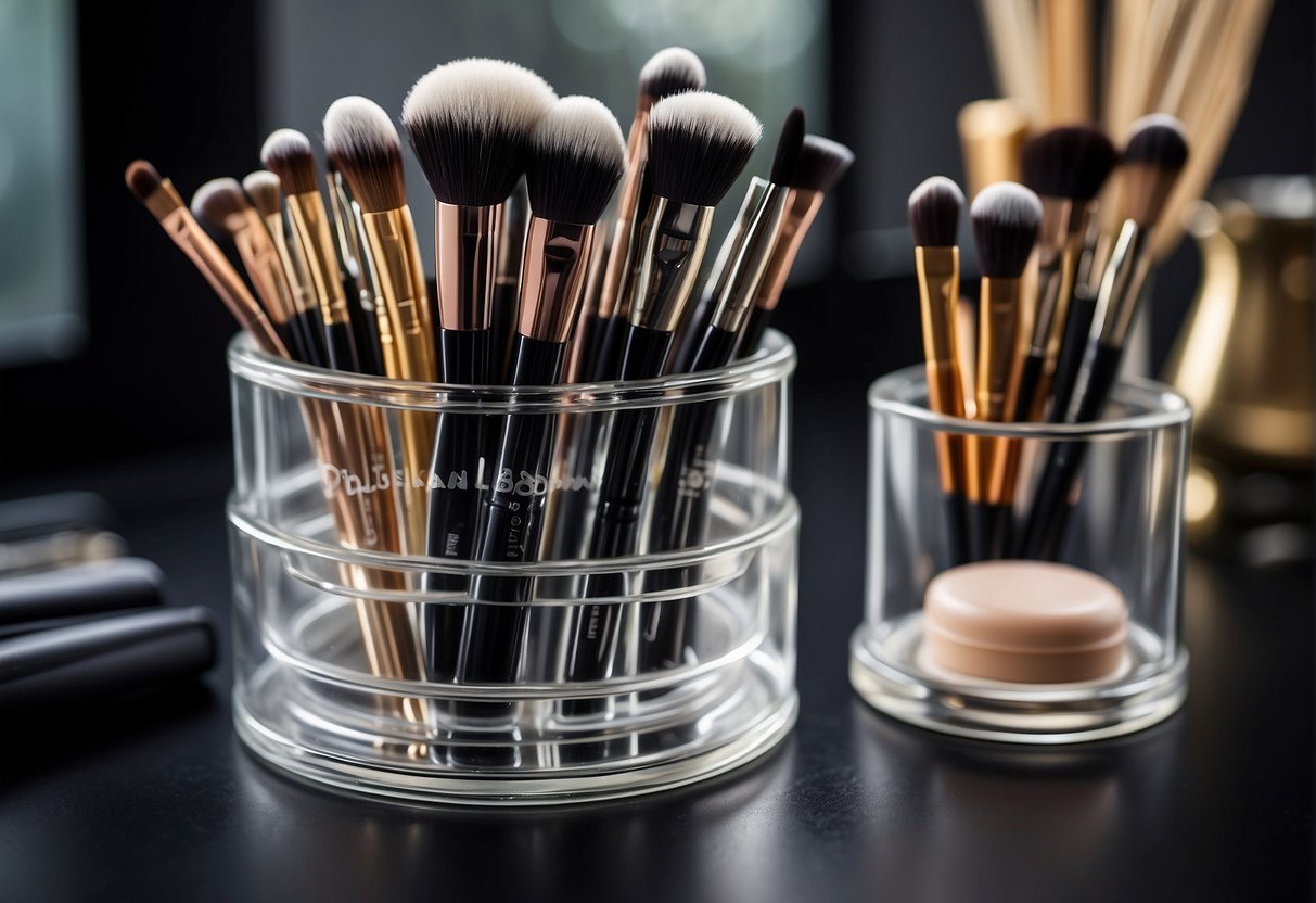 How to Store Makeup Brushes Like a Pro: A clear acrylic makeup brush organizer sits on a vanity, neatly holding an array of brushes in various sizes and shapes. A few smaller containers hold additional brushes, while a sleek brush roll rests nearby