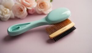 How to Style Baby Girl Hair: A baby girl's hairbrush, colorful hair clips, and a soft headband laid out on a clean, pastel-colored surface