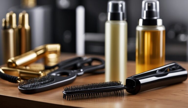 How to Style Crimped Hair: A table with a crimping iron, heat protectant spray, hair clips, and a comb. A variety of hair products such as texturizing spray and hair oil are also present