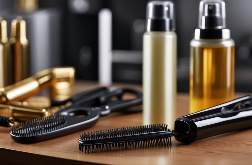 How to Style Crimped Hair: A table with a crimping iron, heat protectant spray, hair clips, and a comb. A variety of hair products such as texturizing spray and hair oil are also present
