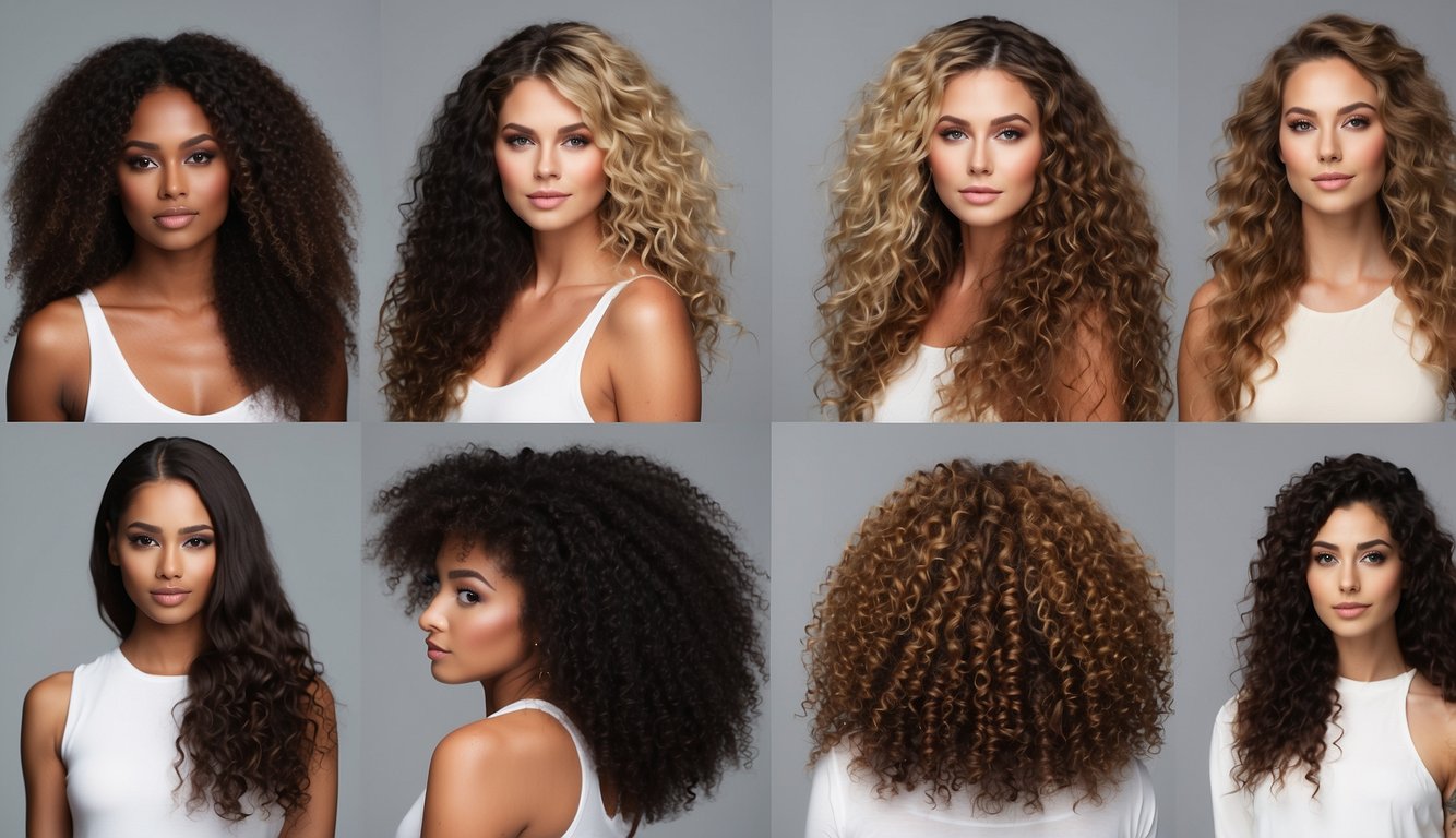 How to Style Frizzy Hair Without Heat: A variety of hair types, from curly to wavy, are shown in a step-by-step process of styling frizzy hair without heat