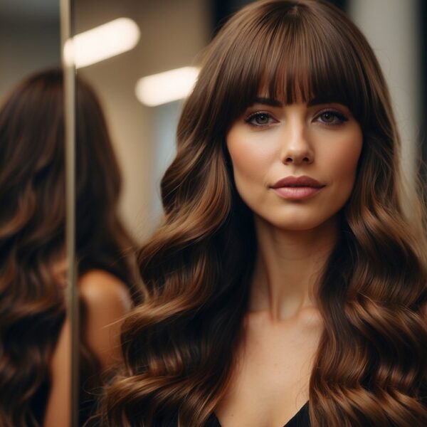 How to Style Long Hair with Bangs: A long-haired figure styles bangs, using a comb and hair products. Mirror reflects satisfaction