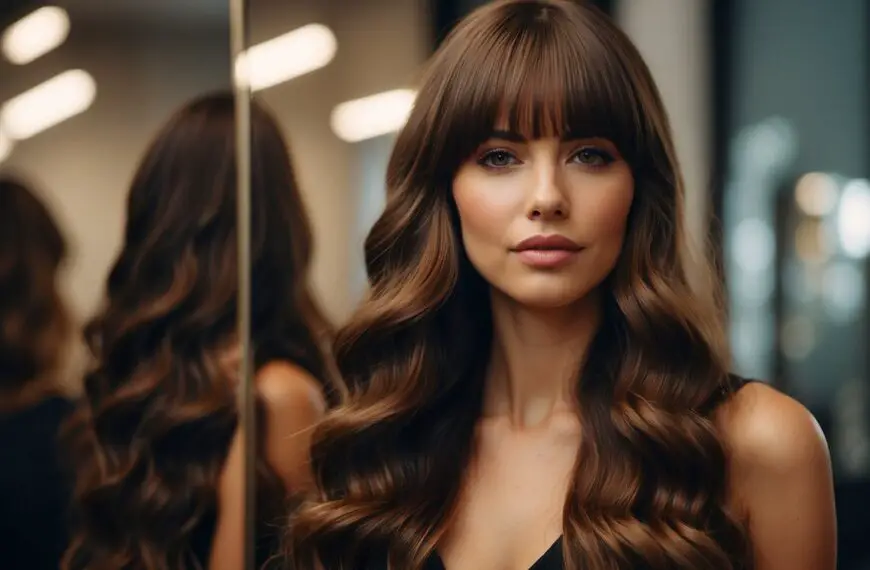 How to Style Long Hair with Bangs: A long-haired figure styles bangs, using a comb and hair products. Mirror reflects satisfaction