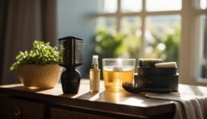 How to Style Permed Hair in the Morning: A table with hair styling products, a comb, and a mirror. A towel draped over a chair. Sunlight streaming in through a window