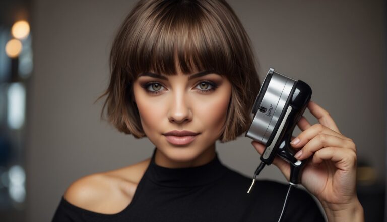 How to Style Short Hair with Bangs: A woman's short haircut with bangs styled with a hair straightener and texturizing spray