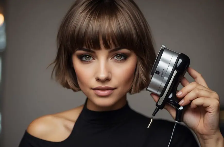 How to Style Short Hair with Bangs: A woman's short haircut with bangs styled with a hair straightener and texturizing spray