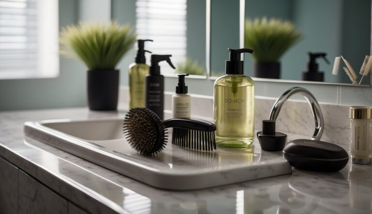 How to Style Wavy Hair: A bottle of hair product sits next to a comb and a hairbrush on a bathroom countertop. A mirror reflects the wavy hair, with various styling options laid out