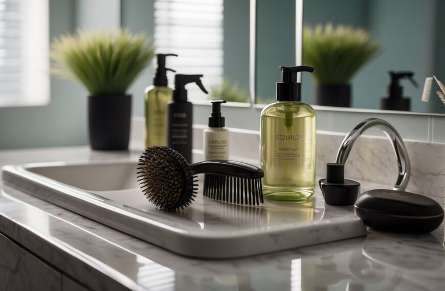 How to Style Wavy Hair: A bottle of hair product sits next to a comb and a hairbrush on a bathroom countertop. A mirror reflects the wavy hair, with various styling options laid out