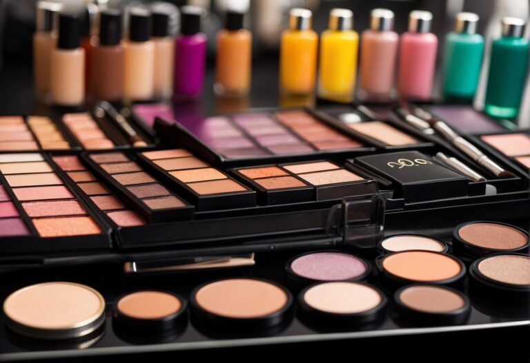 Is LA Colors Makeup Safe: A vibrant display of L.A. Colors makeup products arranged on a sleek, modern counter with the brand's logo prominently featured