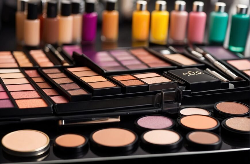 Is LA Colors Makeup Safe: A vibrant display of L.A. Colors makeup products arranged on a sleek, modern counter with the brand's logo prominently featured
