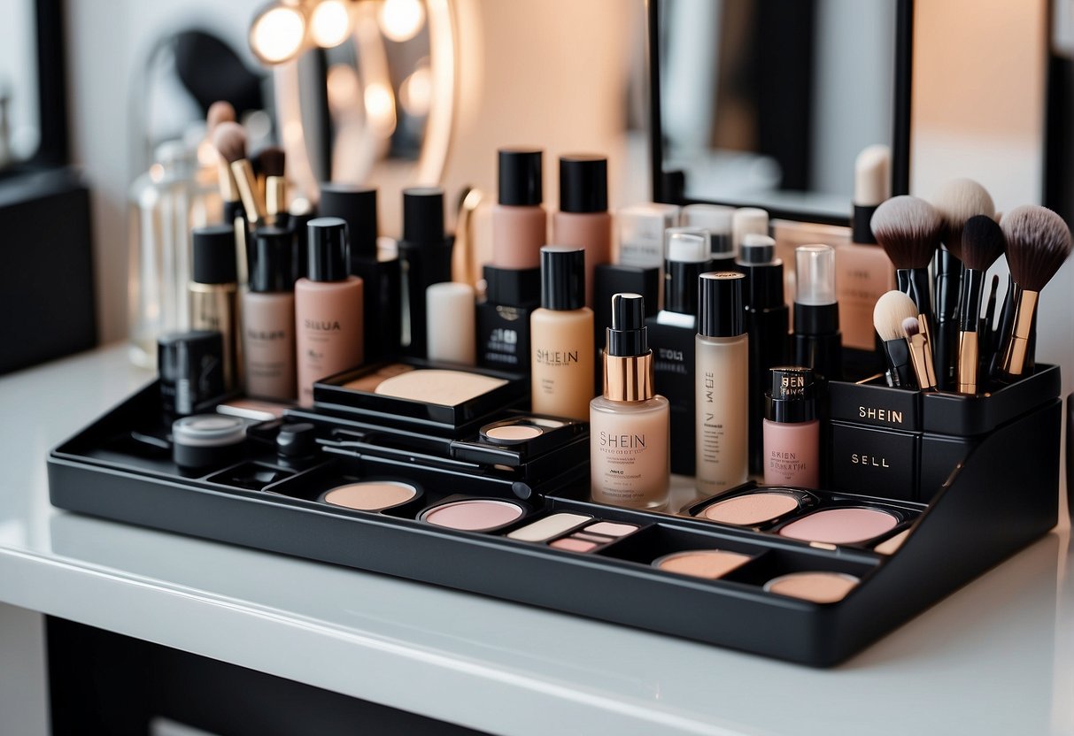 Is Shein Makeup Safe: A clean, organized makeup station with Shein products and safety labels visible