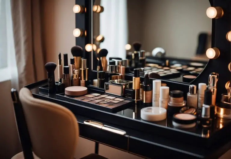 Should You Do Hair or Makeup First: A table with neatly arranged hair and makeup products, a mirror, and a comfortable chair for the subject
