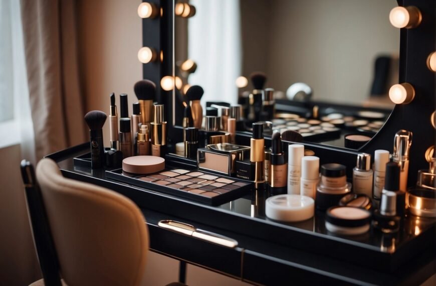 Should You Do Hair or Makeup First: A table with neatly arranged hair and makeup products, a mirror, and a comfortable chair for the subject