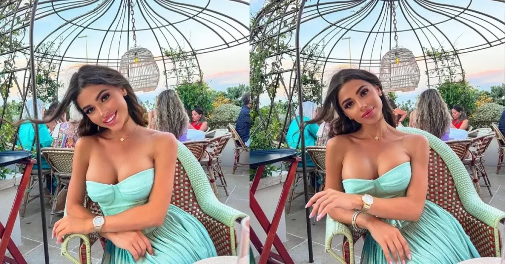 Soft Summer Makeup Look Beautiful and elegant girl at luxury high dining restaurant La petite Maison in Canne, France, blue dress
