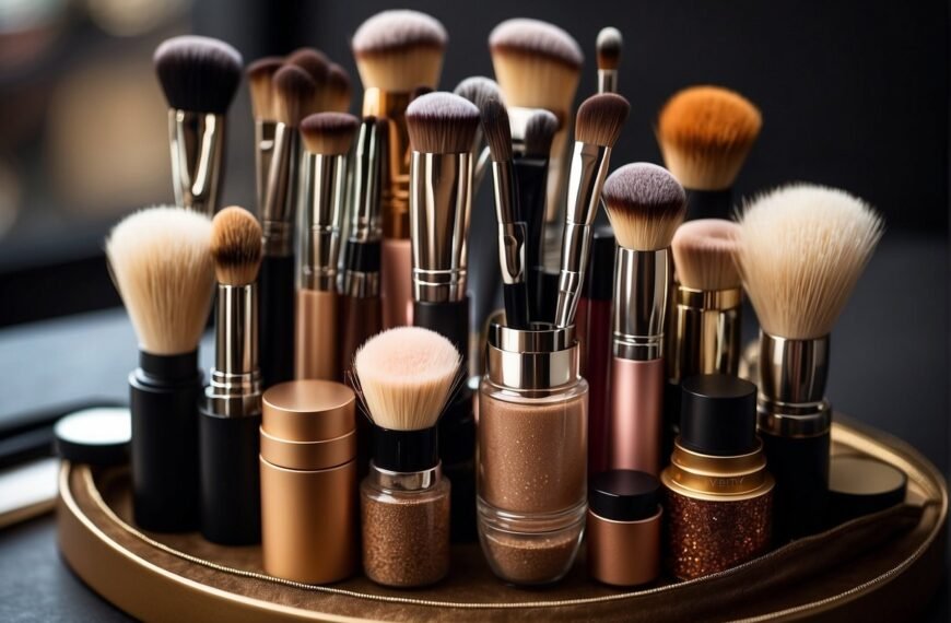 What Makeup Brushes are Used for What: A variety of makeup brushes arranged neatly on a table, each labeled with its specific use, such as foundation, eyeshadow, blush, and blending