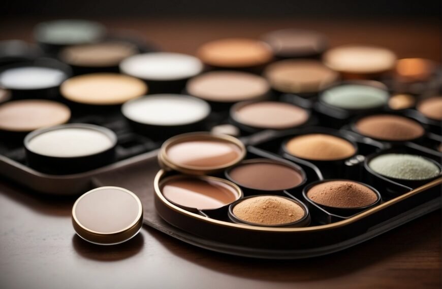 What Makeup Goes With Blue Eyes: A palette of soft, warm tones and cool, earthy shades laid out on a clean, well-lit surface