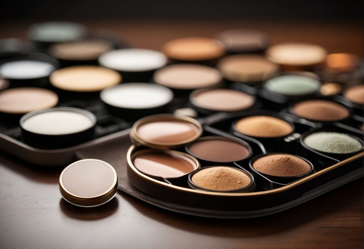 What Makeup Goes With Blue Eyes: A palette of soft, warm tones and cool, earthy shades laid out on a clean, well-lit surface