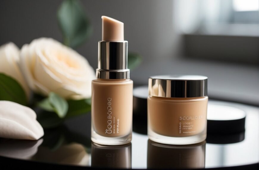 What's the Difference Between Concealer and Foundation Makeup: A concealer tube and a foundation bottle sit side by side on a clean, well-lit vanity table. The concealer is small and compact, while the foundation is larger and more substantial