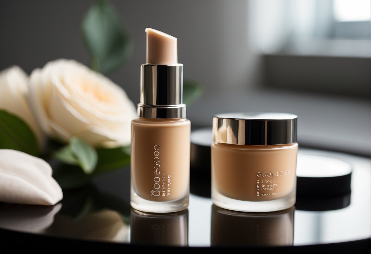 What's the Difference Between Concealer and Foundation Makeup: A concealer tube and a foundation bottle sit side by side on a clean, well-lit vanity table. The concealer is small and compact, while the foundation is larger and more substantial