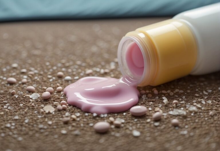 How to Get Makeup Out of Carpet: Spilled makeup on carpet. Blot with paper towel, then apply stain remover. Gently scrub with a brush, then rinse with water. Repeat until clean