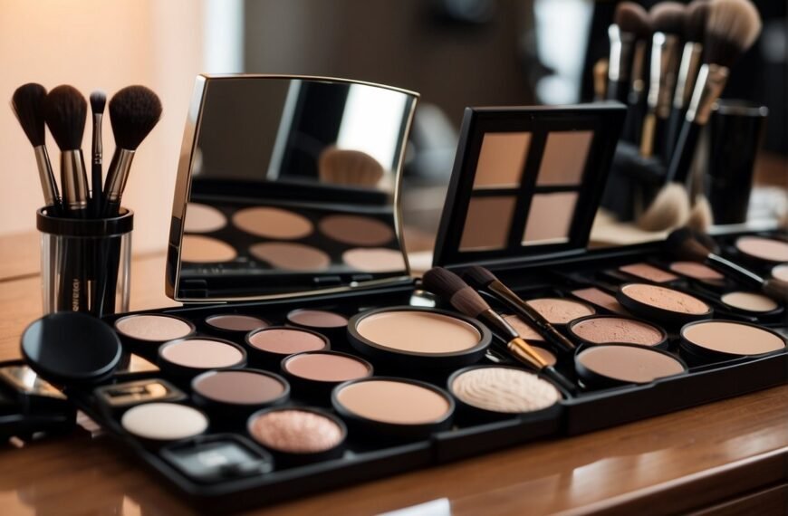 How to Apply Seint Makeup: A table with neatly arranged Seint makeup essentials. Brushes, palettes, and a mirror. Instructions on how to apply makeup