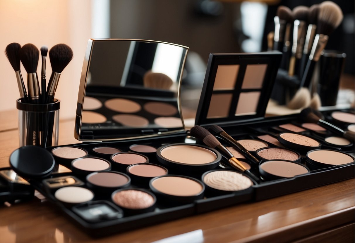How to Apply Seint Makeup: A table with neatly arranged Seint makeup essentials. Brushes, palettes, and a mirror. Instructions on how to apply makeup