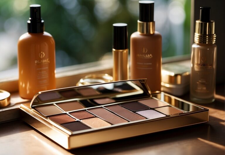 Can You Tan With Makeup On: A makeup palette sits next to a bottle of tanning lotion, with a mirror reflecting the sun's rays